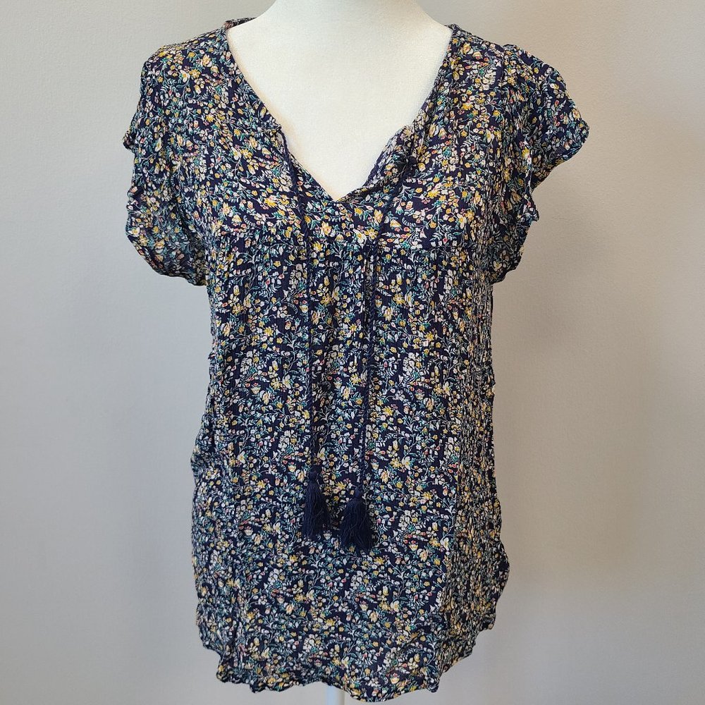 Blue Floral Tassel Peasant Top